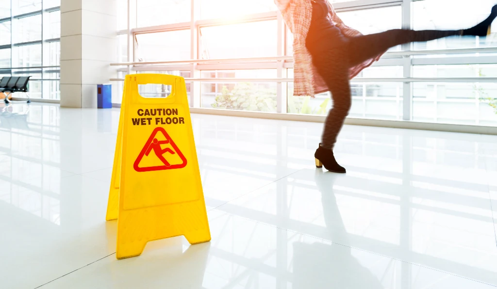 Woman slipping and falling in a store next to a cation sign
