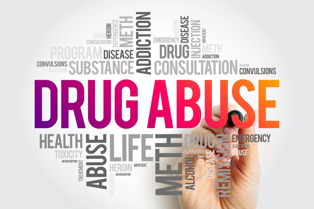 Word cloud featuring the phrase “Drug Abuse” surrounded by related terms like addiction and recovery, symbolizing rehab and overdose issues.