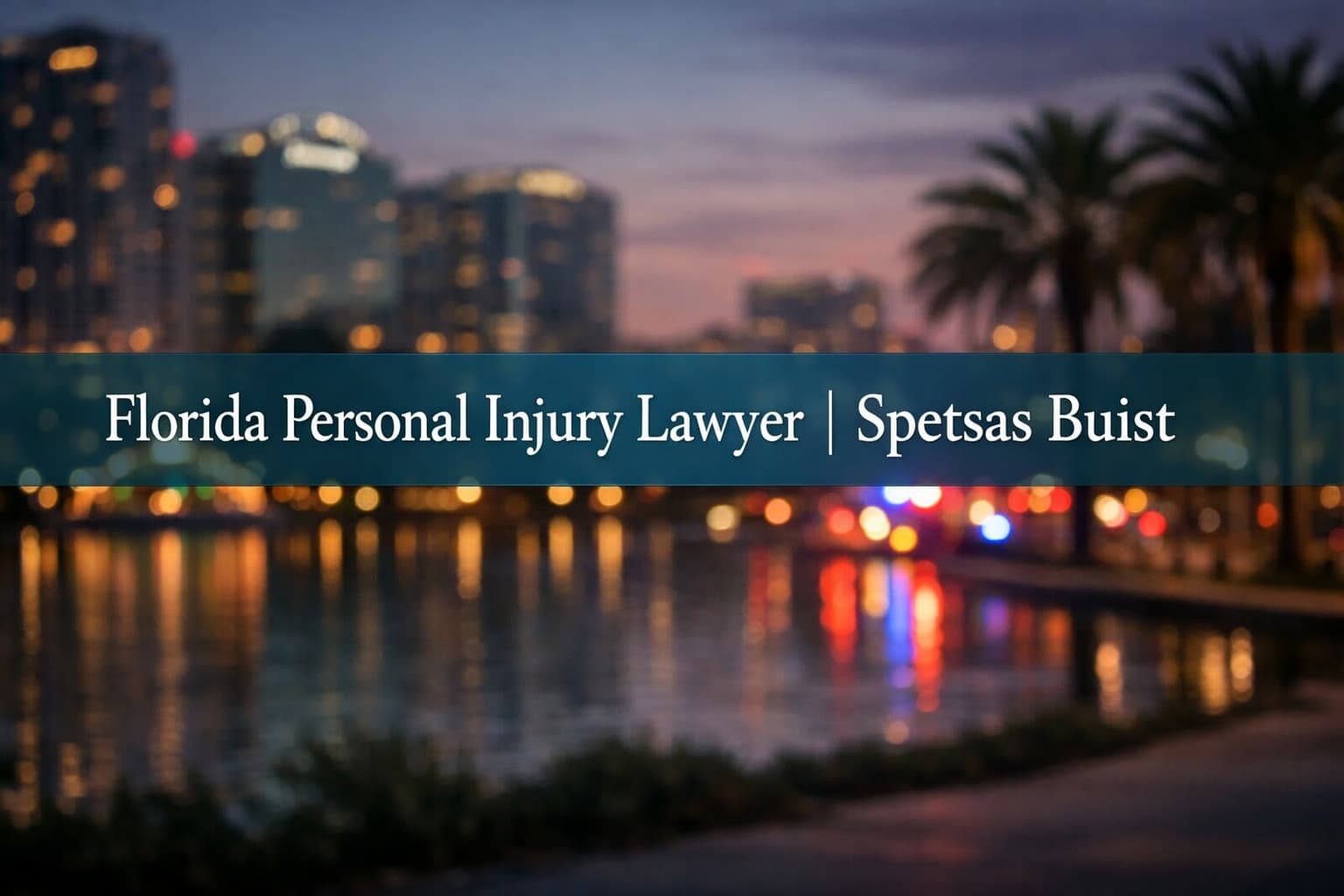 Florida Personal Injury Lawyer banner with centered teal overlay text over downtown Orlando background at dusk.
